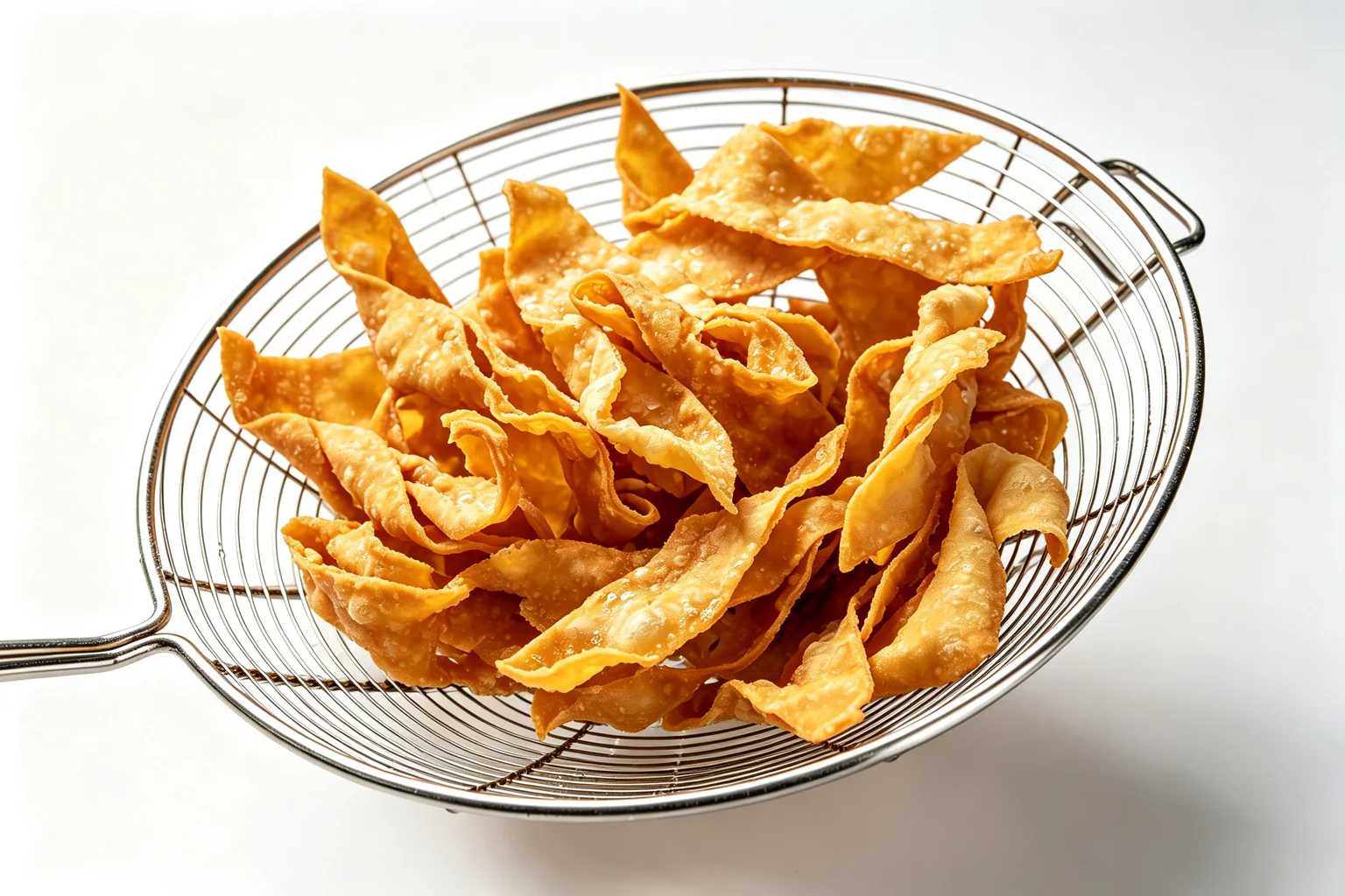 Wonton strips frying in hot oil in a wok turning golden and crispy for Chinese chicken salad