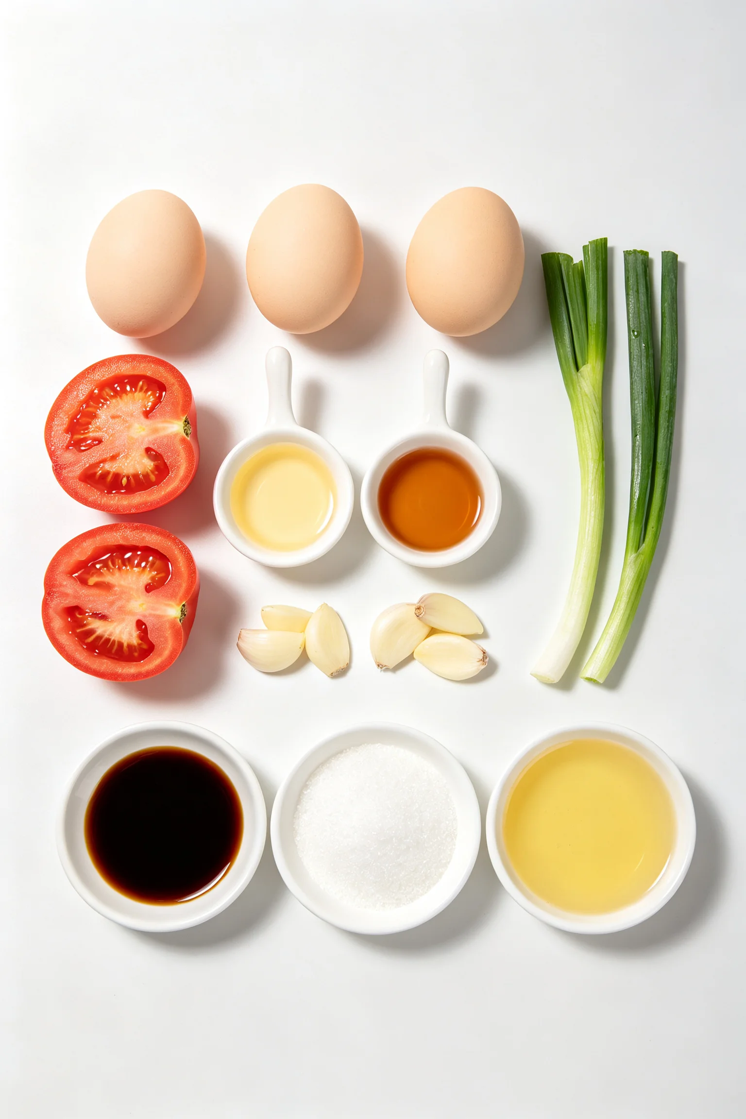Chinese tomato egg stir fry ingredients on white surface including raw eggs, ripe tomatoes, spring onions, garlic, soy sauce, Shaoxing wine, sugar and sesame oil