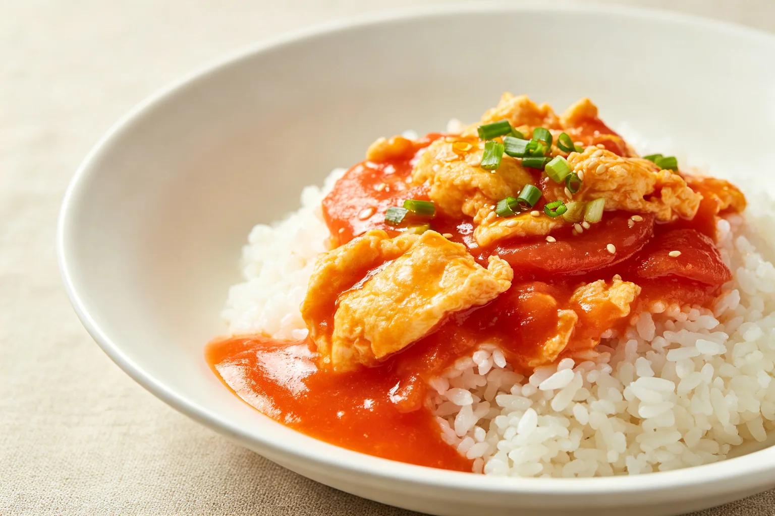 Chinese tomato egg stir fry with glossy red-orange tomato sauce and large egg curds spooned over steamed white rice in a white ceramic bowl on a linen surface