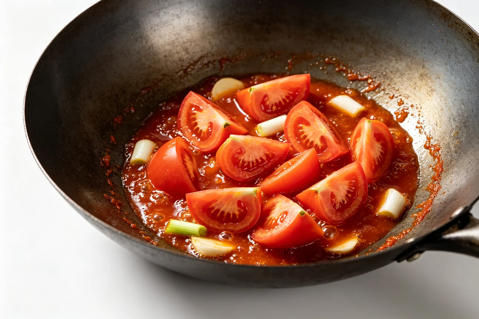  Tomato wedges stir frying in a carbon steel wok releasing juice and forming sauce with garlic and spring onion for Chinese tomato egg stir fry