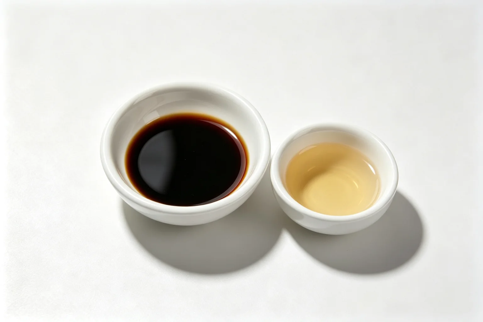 Two white ceramic bowls side by side showing dark Chinkiang black vinegar and lighter rice vinegar on a white surface for comparison