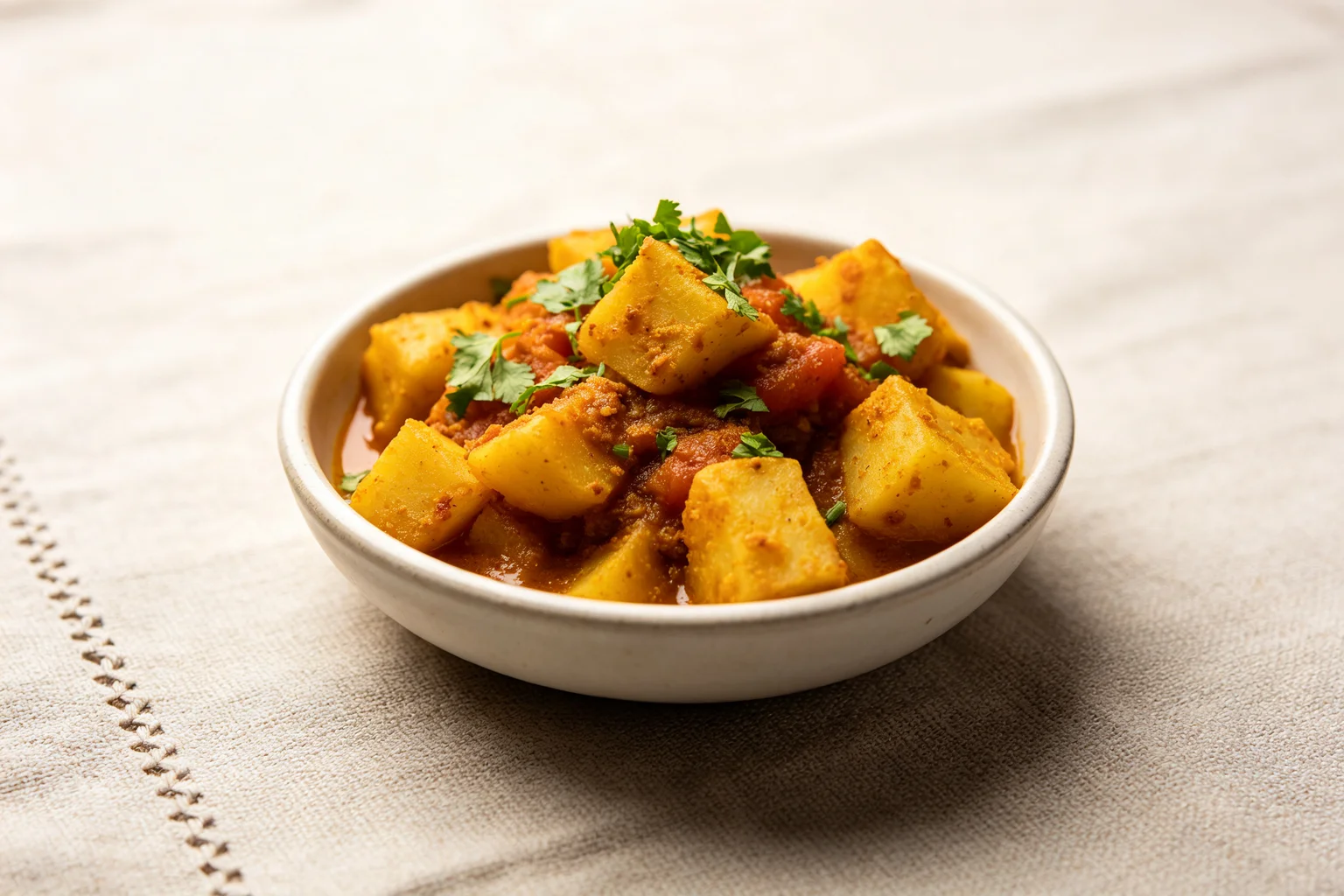 Aloo tarkari showing golden spiced potato cubes in semi-dry tomato gravy with fresh coriander in ceramic bowl on linen