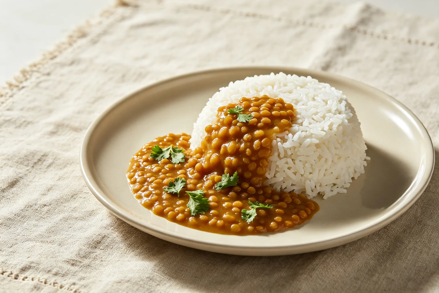 Golden masoor dal being poured from ladle over white steamed rice on ceramic plate on linen