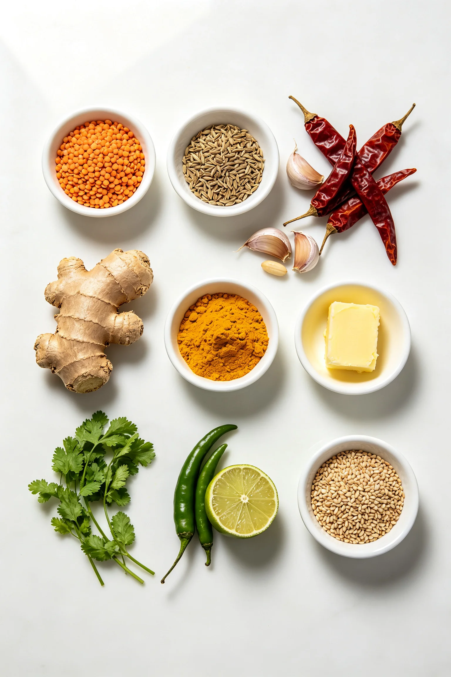 Flat lay of dal bhat ingredients including red lentils, cumin seeds, dried chillies, garlic, ghee, turmeric and fresh coriander on white surface
