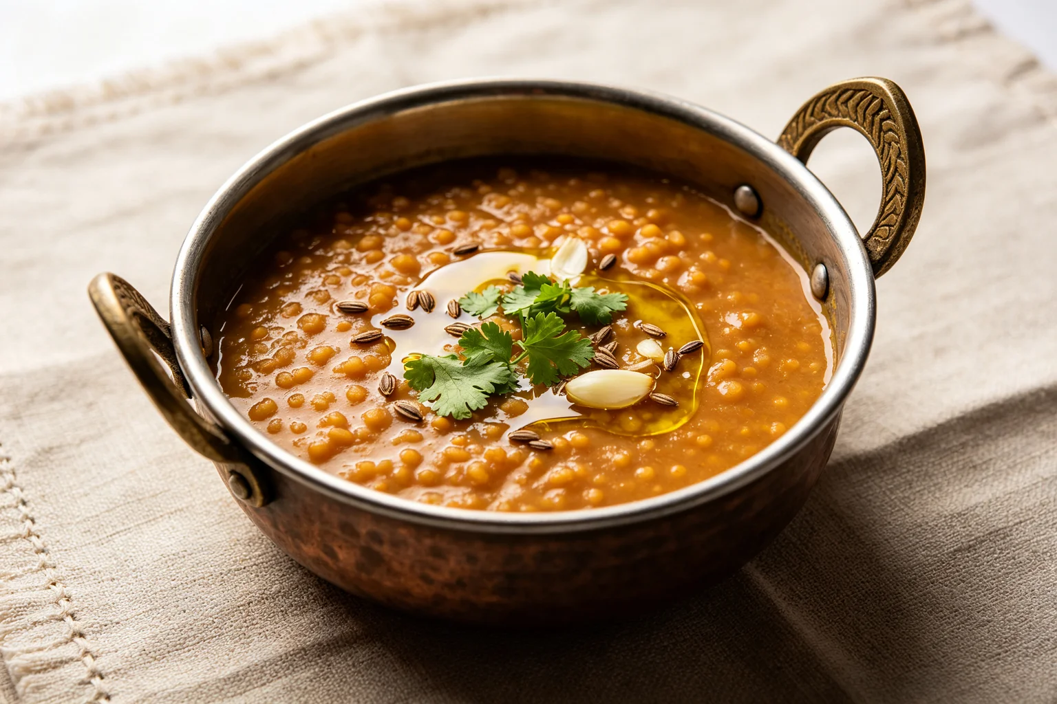  Finished masoor dal in pot showing deep golden silky consistency with ghee jhanne and fresh coriander on linen