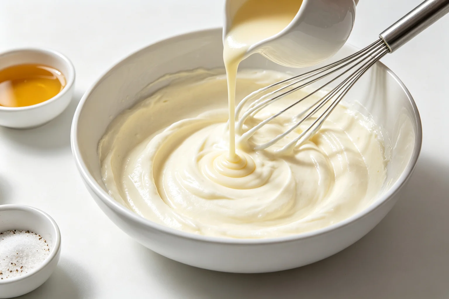  Condensed milk being poured into a white ceramic bowl of creamy mayonnaise dressing with a whisk resting at the edge on white surface