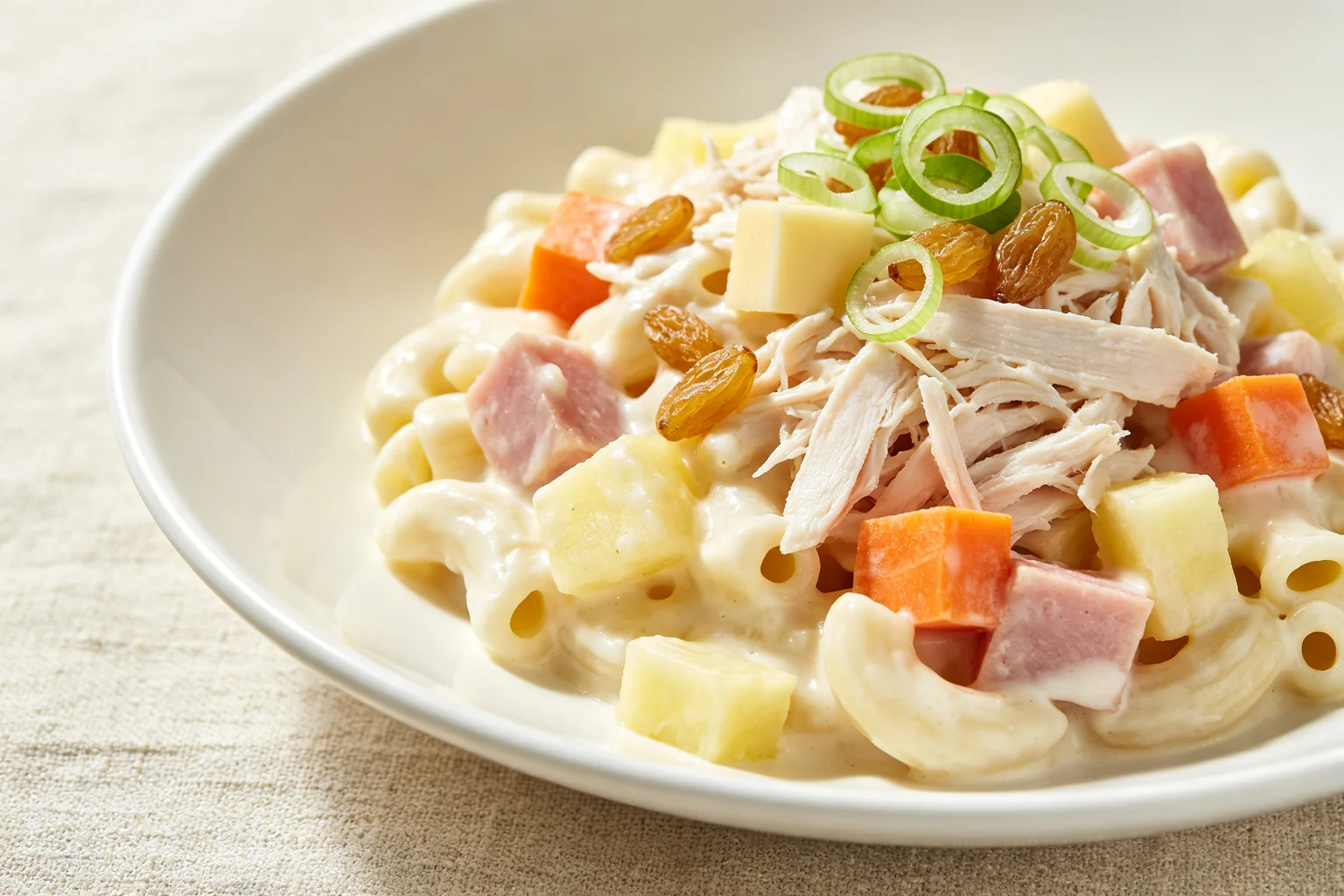 Close-up of Filipino macaroni salad in a white ceramic bowl showing thick creamy dressing with shredded chicken, ham, pineapple, carrot, raisins and cheese on linen surface