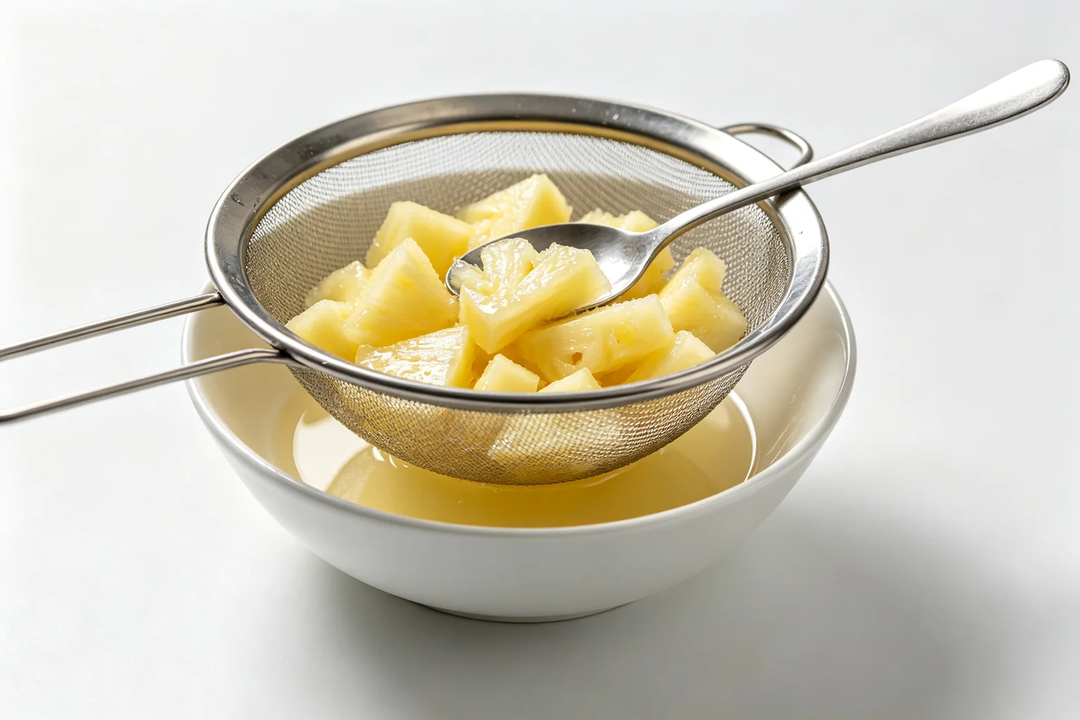  Pineapple tidbits draining in a stainless steel fine mesh sieve over a white ceramic bowl with clear pineapple juice collected below on white surface