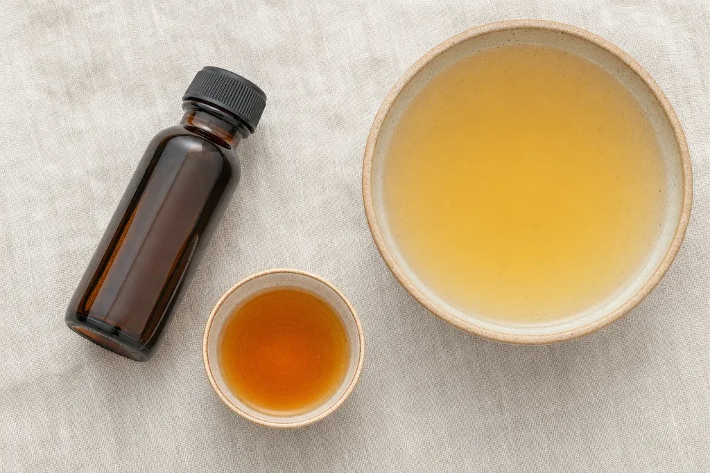 Small fish sauce bottle and ceramic bowl of amber liquid next to a bowl of golden broth on linen — showing fish sauce as a finishing ingredient