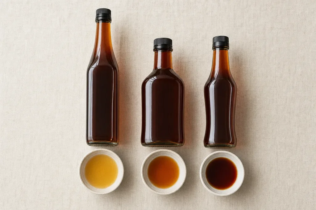 Three fish sauce bottles side by side with small bowls showing amber liquid at different shades — Vietnamese, Thai and Filipino varieties compared on linen surface