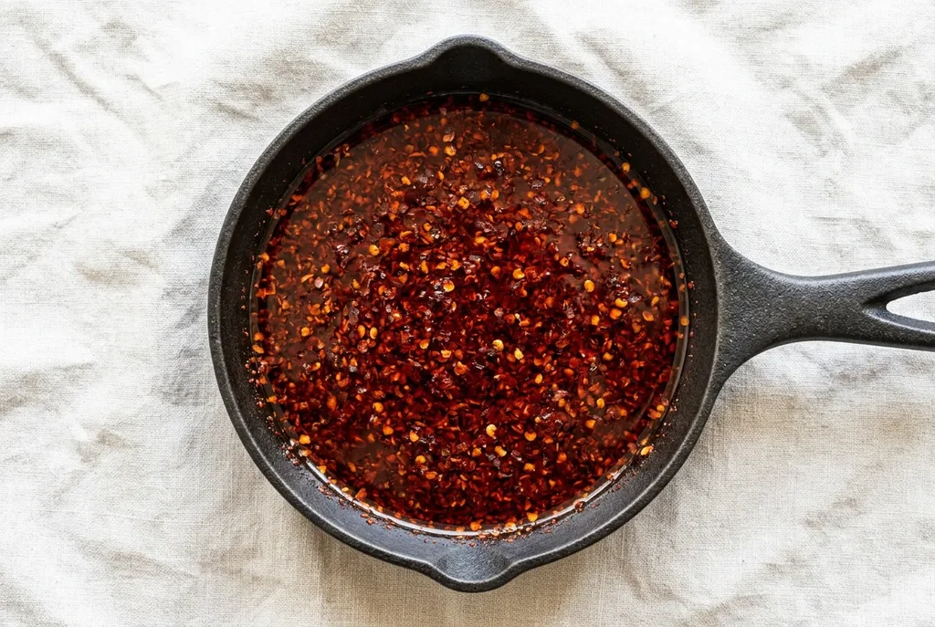 Gochugaru bloomed in sesame oil in a small dark pan — oil turned deep brick red showing fat-soluble compound extraction on linen surface