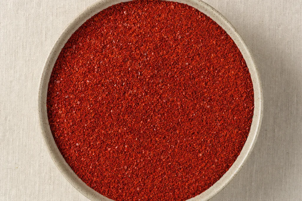 Wide ceramic bowl filled with deep brick red coarse gochugaru Korean chili flakes on linen