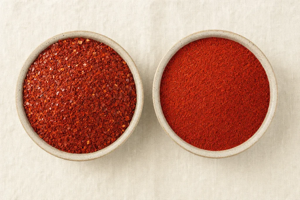 Two ceramic bowls side by side showing coarse gochugaru flakes on the left and fine gochugaru powder on the right on linen surface