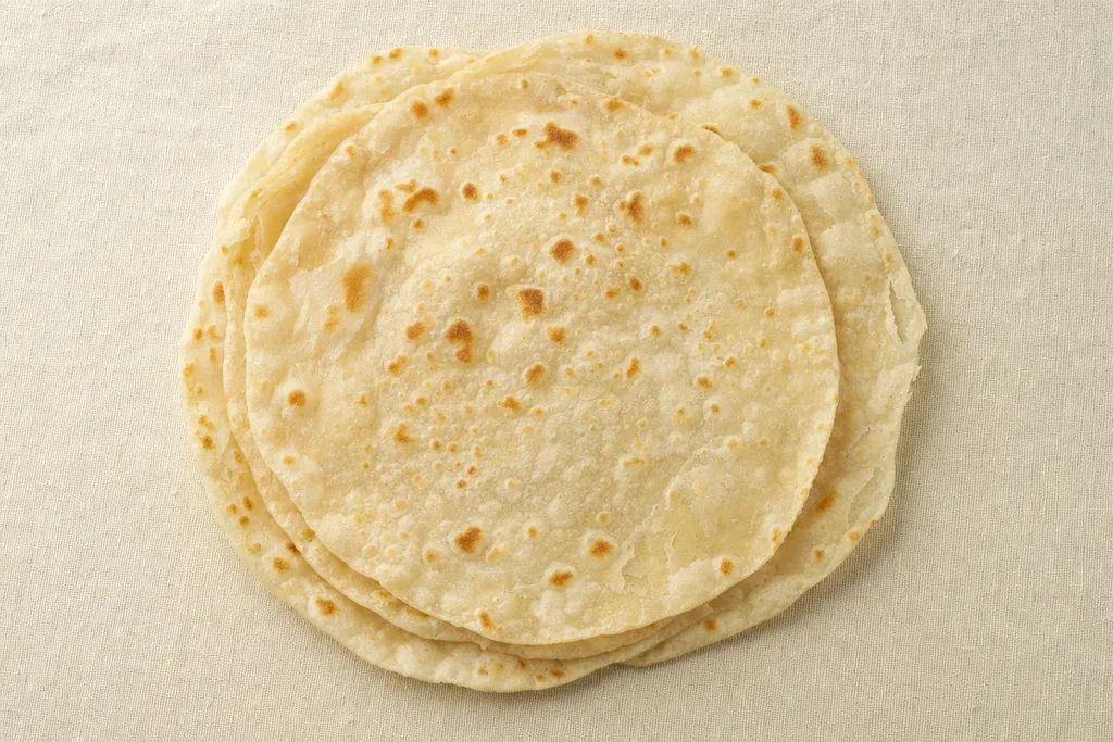 Stack of freshly cooked Godamba roti showing thin flaky layers and faint griddle marks on linen surface