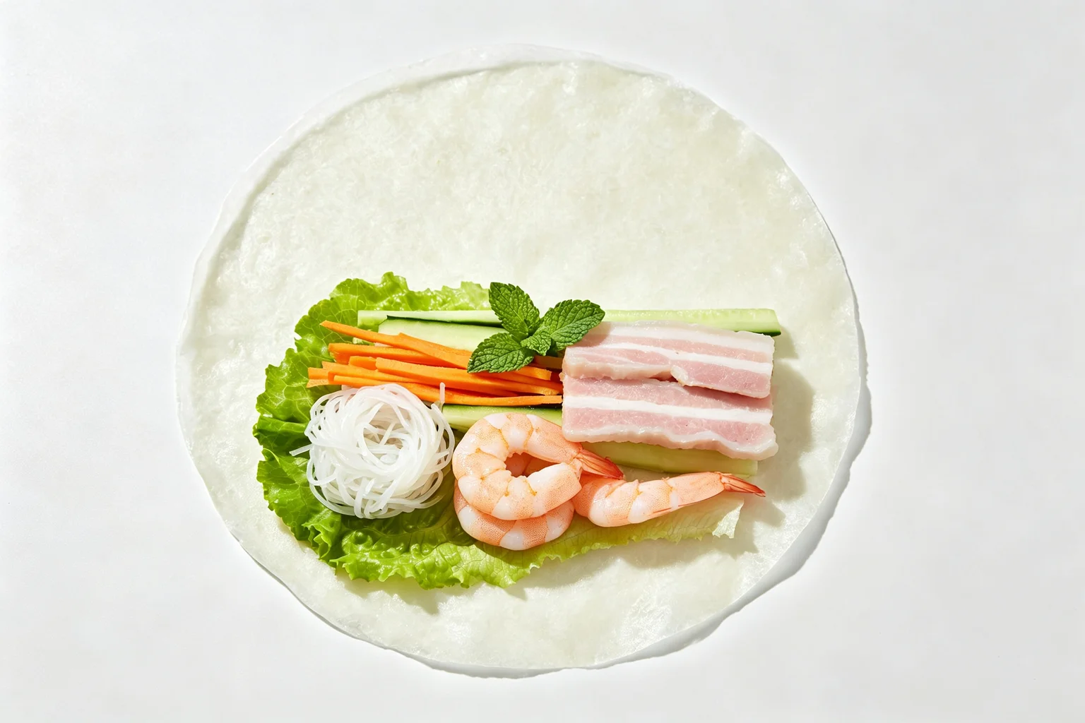 Gỏi cuốn assembly process — hydrated rice paper laid flat on a damp cutting board with lettuce, vermicelli, pork belly, herbs and shrimp arranged in the lower third ready to roll