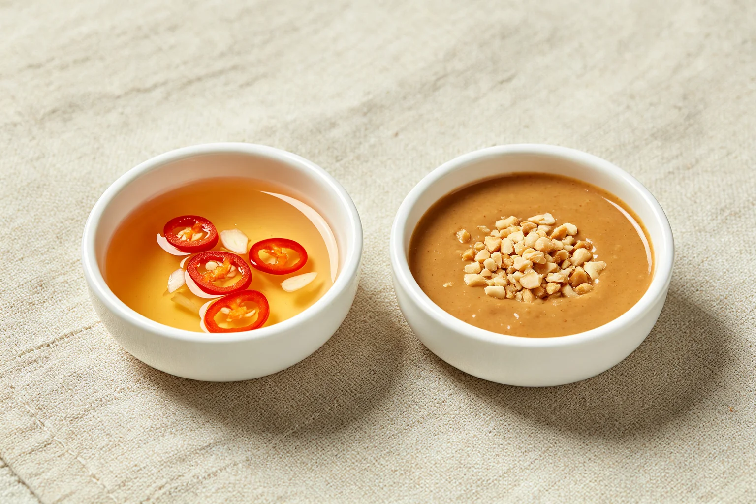 Two dipping sauces for gỏi cuốn — nuoc cham with chilli slices on the left and creamy peanut sauce topped with crushed peanuts on the right