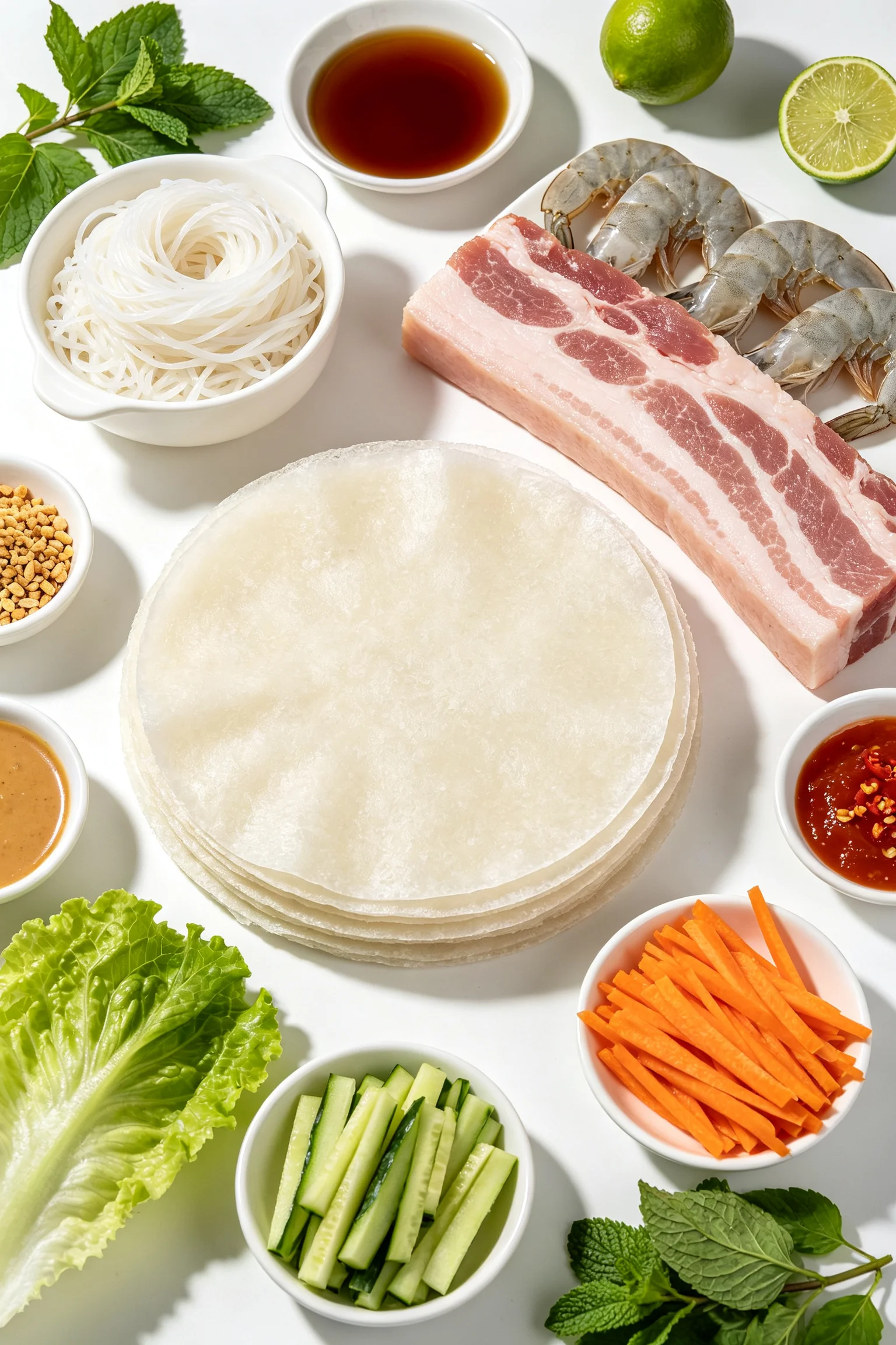  Gỏi cuốn ingredients flat lay including rice paper, raw shrimp, pork belly, rice vermicelli, butter lettuce, cucumber, carrot, fresh mint, perilla, Vietnamese coriander and dipping sauce ingredients on white surface