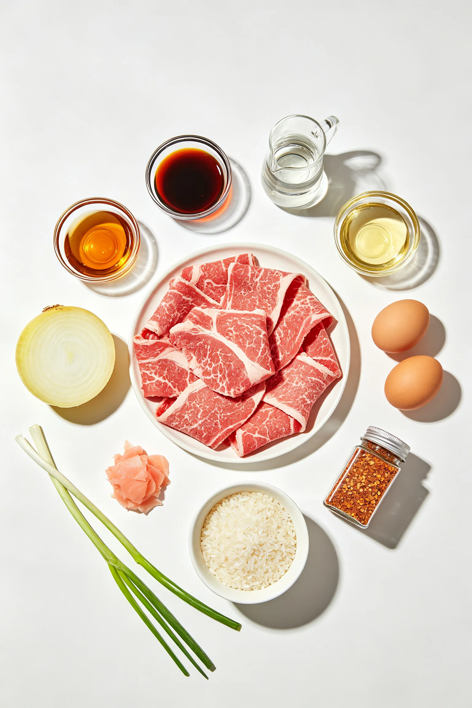 Gyudon ingredients flat lay showing paper-thin raw ribeye beef, halved yellow onion, dashi, soy sauce, mirin, sake, eggs, pickled ginger, spring onions and short-grain rice in a bowl on a white surface