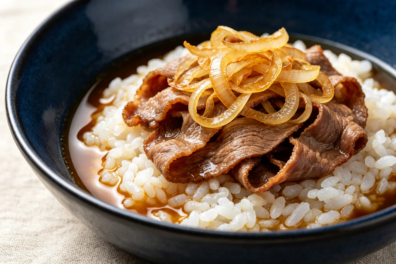 Close-up of dark navy gyudon bowl interior showing deep amber soy-dashi broth soaking into short-grain white rice with paper-thin caramelised beef and collapsed golden onions on linen surface