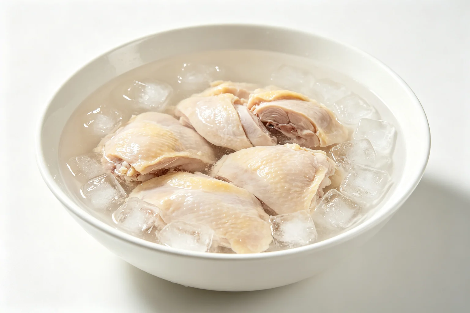 Poached chicken pieces submerged in ice water with ice cubes in a large white ceramic bowl showing the ice bath technique for Hainanese chicken rice