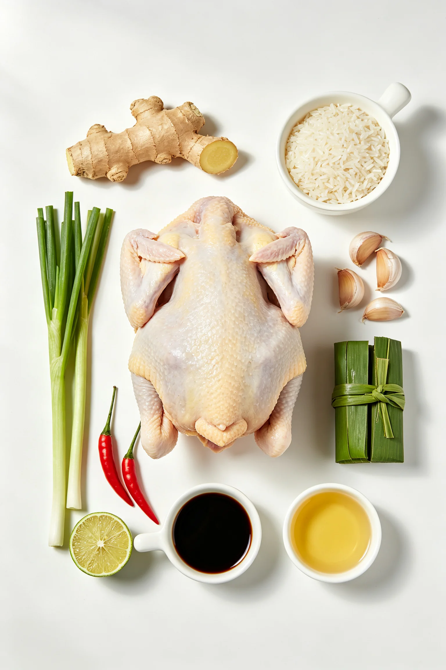  Overhead flat lay of Hainanese chicken rice ingredients on white surface including whole raw chicken, ginger, spring onions, jasmine rice, garlic, pandan leaves, red chillies, lime, soy sauce and sesame oil