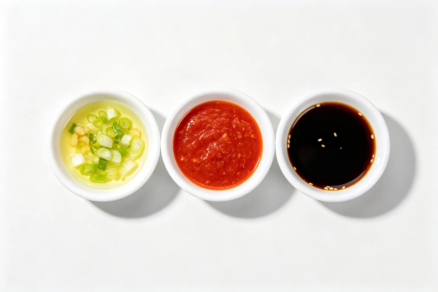 Three white ceramic bowls of Hainanese chicken rice dipping sauces in a row — ginger-scallion oil, red chilli-garlic sauce and dark soy sauce on a white surface
