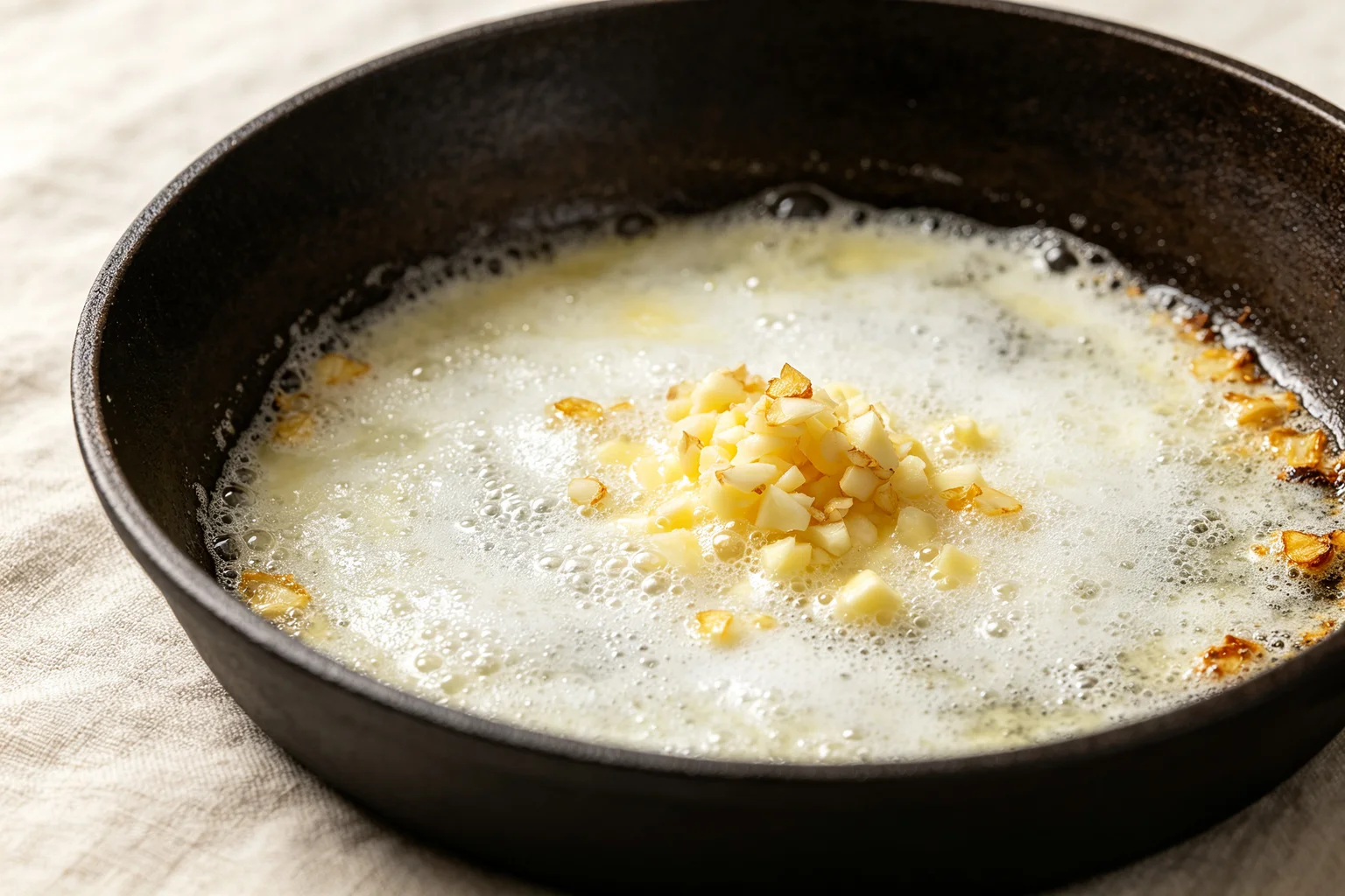Butter actively foaming in a flat cast iron pan with minced garlic turning golden showing the basting stage of hibachi chicken on linen surface