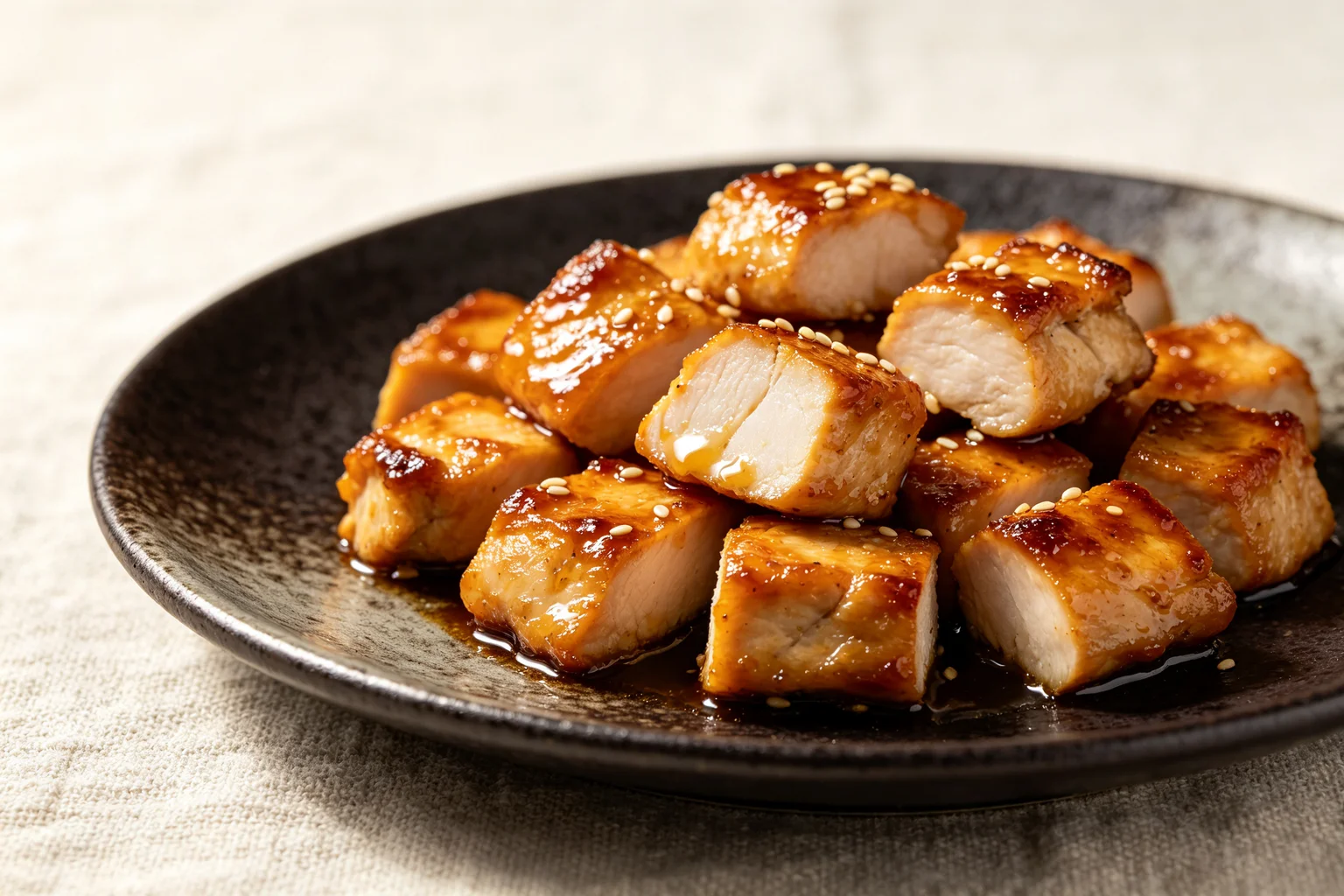 Bite-sized hibachi chicken pieces with deep golden caramelised exterior and glossy butter garlic soy sauce coating on a dark surface on linen