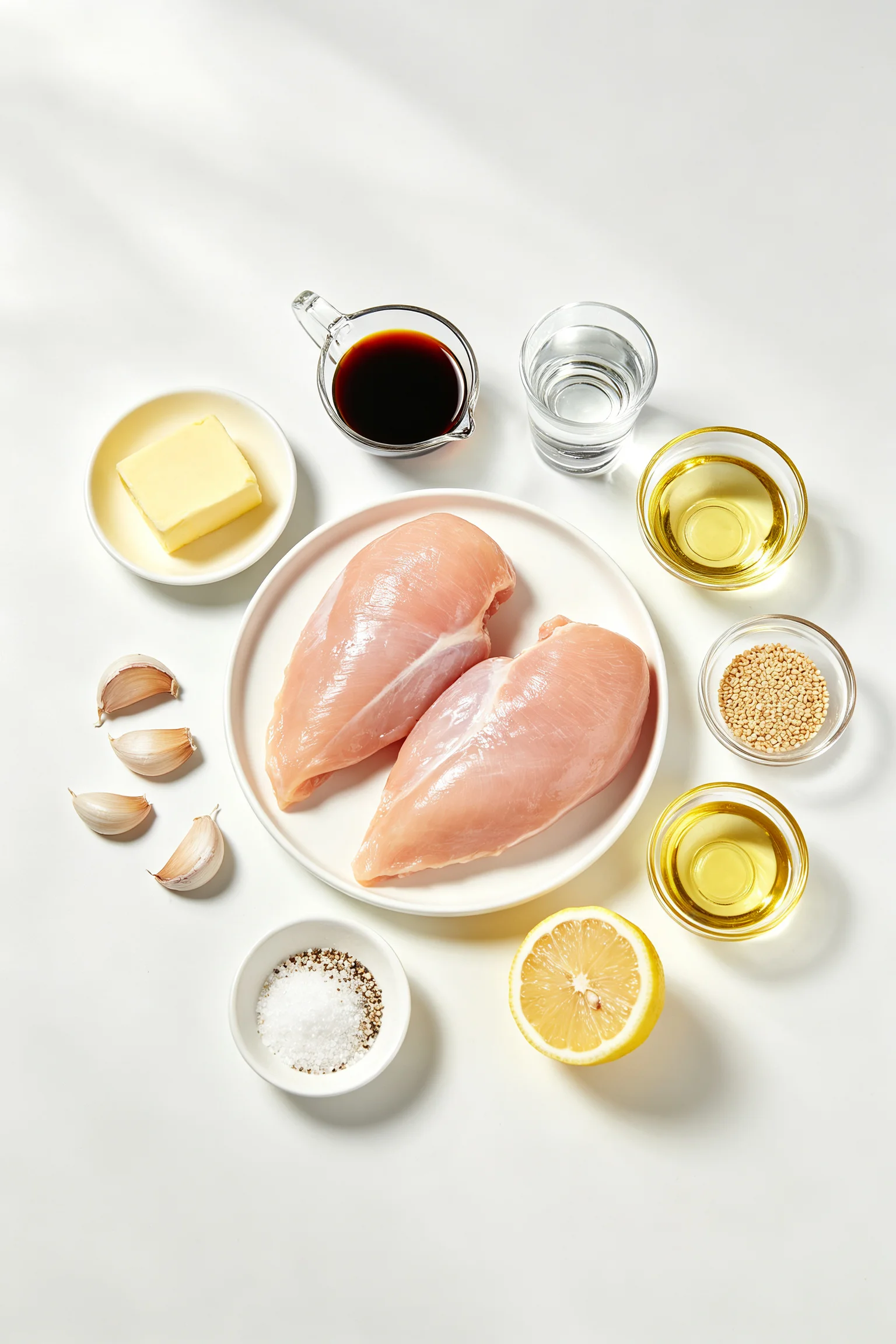 Hibachi chicken ingredients flat lay showing raw chicken breasts, butter, garlic, soy sauce, sake, neutral oil, lemon, sesame oil, salt and pepper on a white surface
