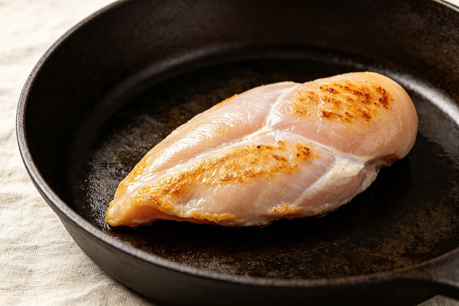 Whole chicken breast developing a deep golden Maillard sear against a flat seasoned cast iron pan surface on linen surface