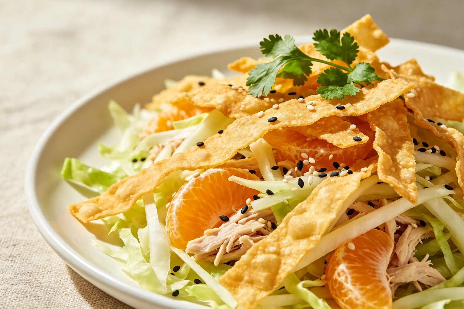 Close-up of crispy golden wonton strips scattered over shredded napa cabbage with mandarin oranges, chicken and sesame seeds in Chinese chicken salad