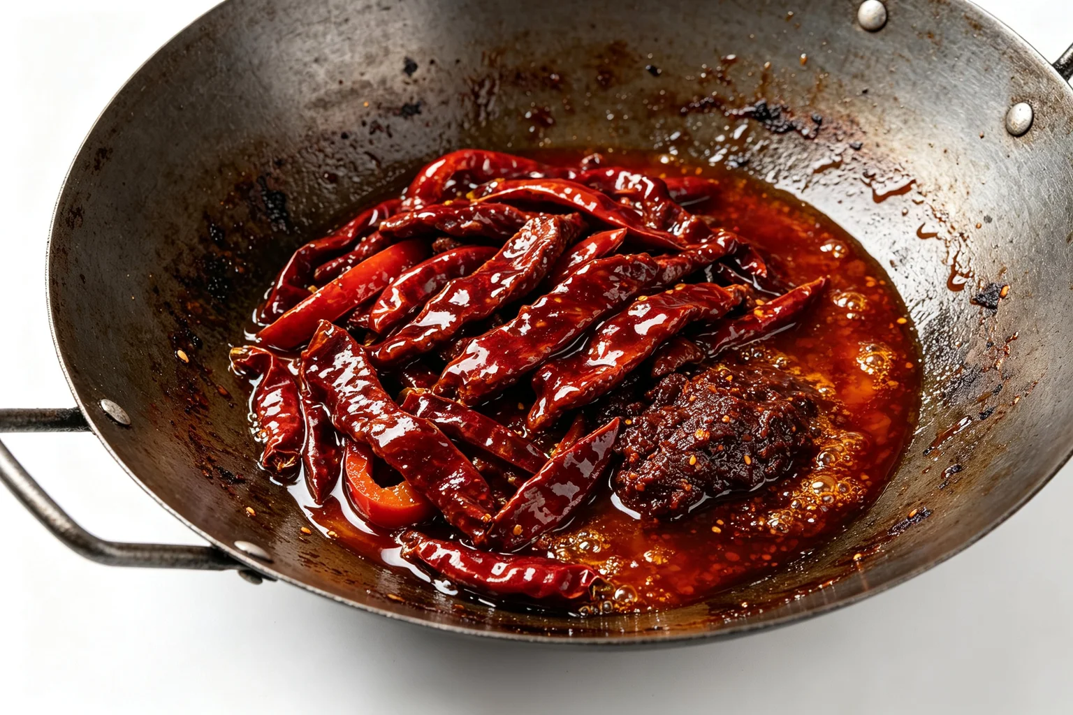 Whole dried red chillies and Pixian doubanjiang blooming in hot red-tinted oil in a carbon steel wok — the key flavour-building step in Hunan chicken