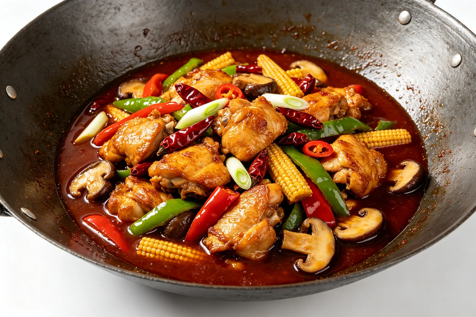 Finished Hunan chicken in a carbon steel wok — golden seared chicken and colorful vegetables coated in glossy dark red doubanjiang sauce with whole dried chillies