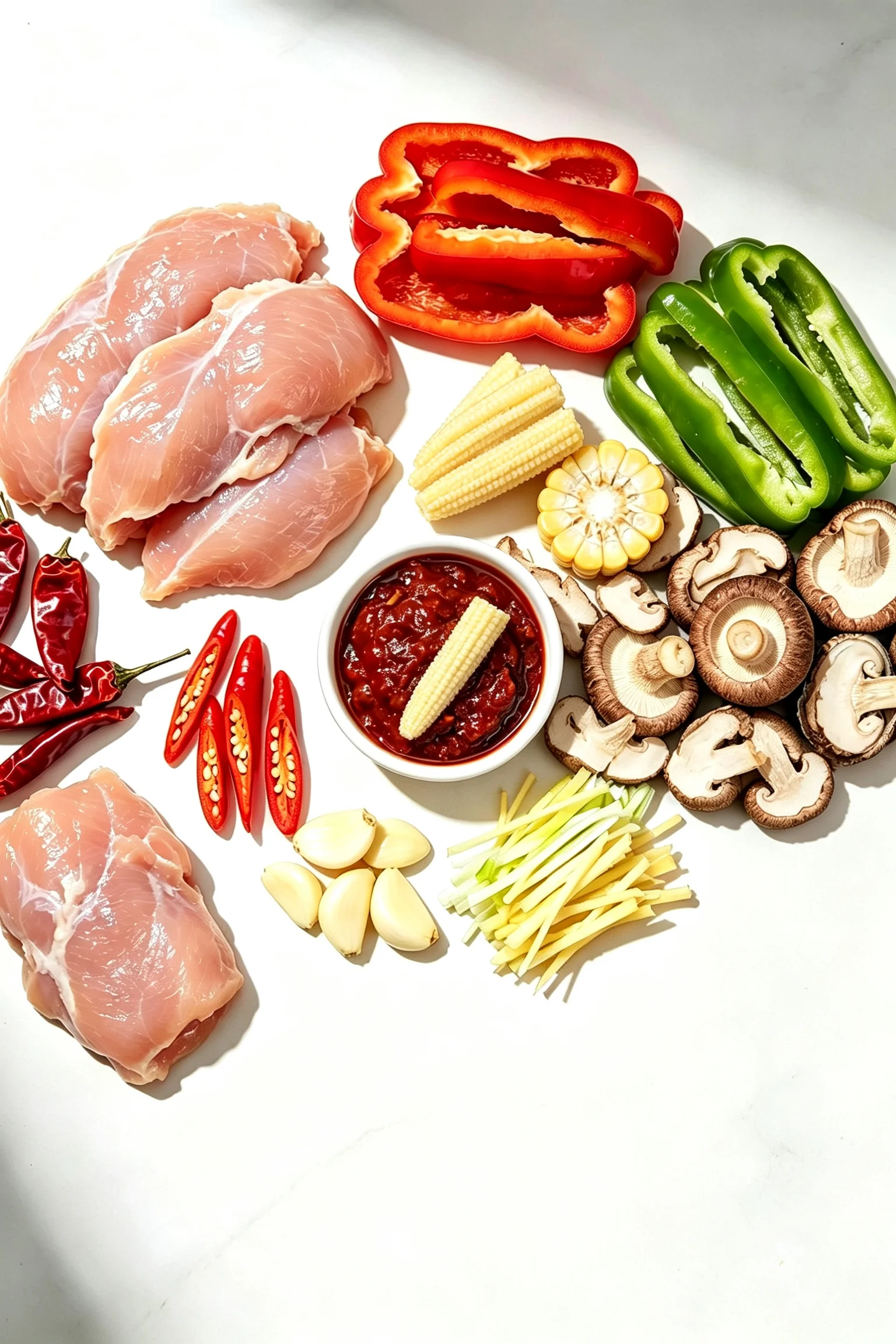  Hunan chicken ingredients flat lay including raw chicken thighs, bell peppers, baby corn, shiitake mushrooms, dried and fresh chillies, garlic, ginger and sauce ingredients on white surface
