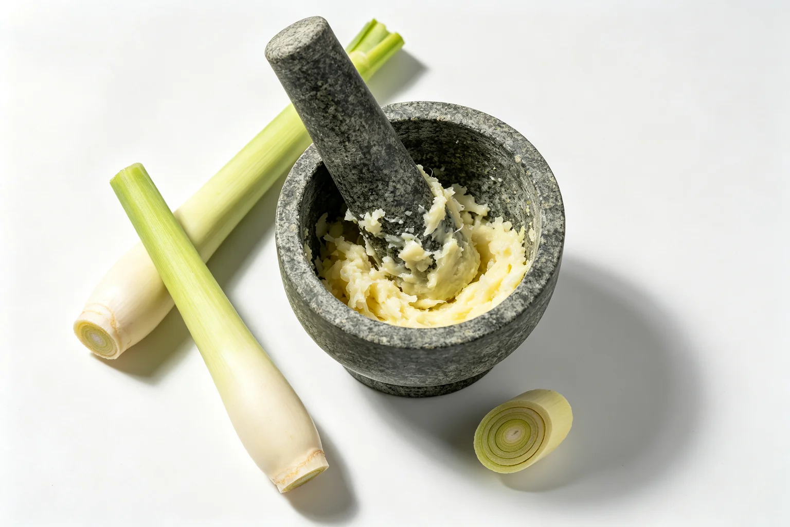 Mortar and pestle with pounded lemongrass inner stalk paste alongside whole and cross-sectioned lemongrass stalks showing the pale inner portion on a white surface