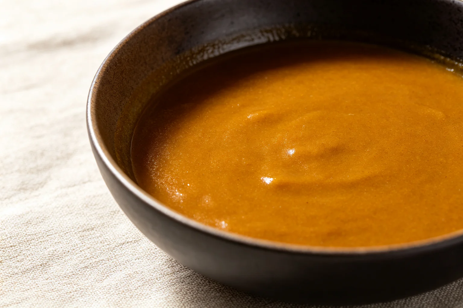 Thick glossy golden-brown Japanese curry broth in a dark ceramic vessel showing smooth lump-free roux-thickened consistency on linen surface