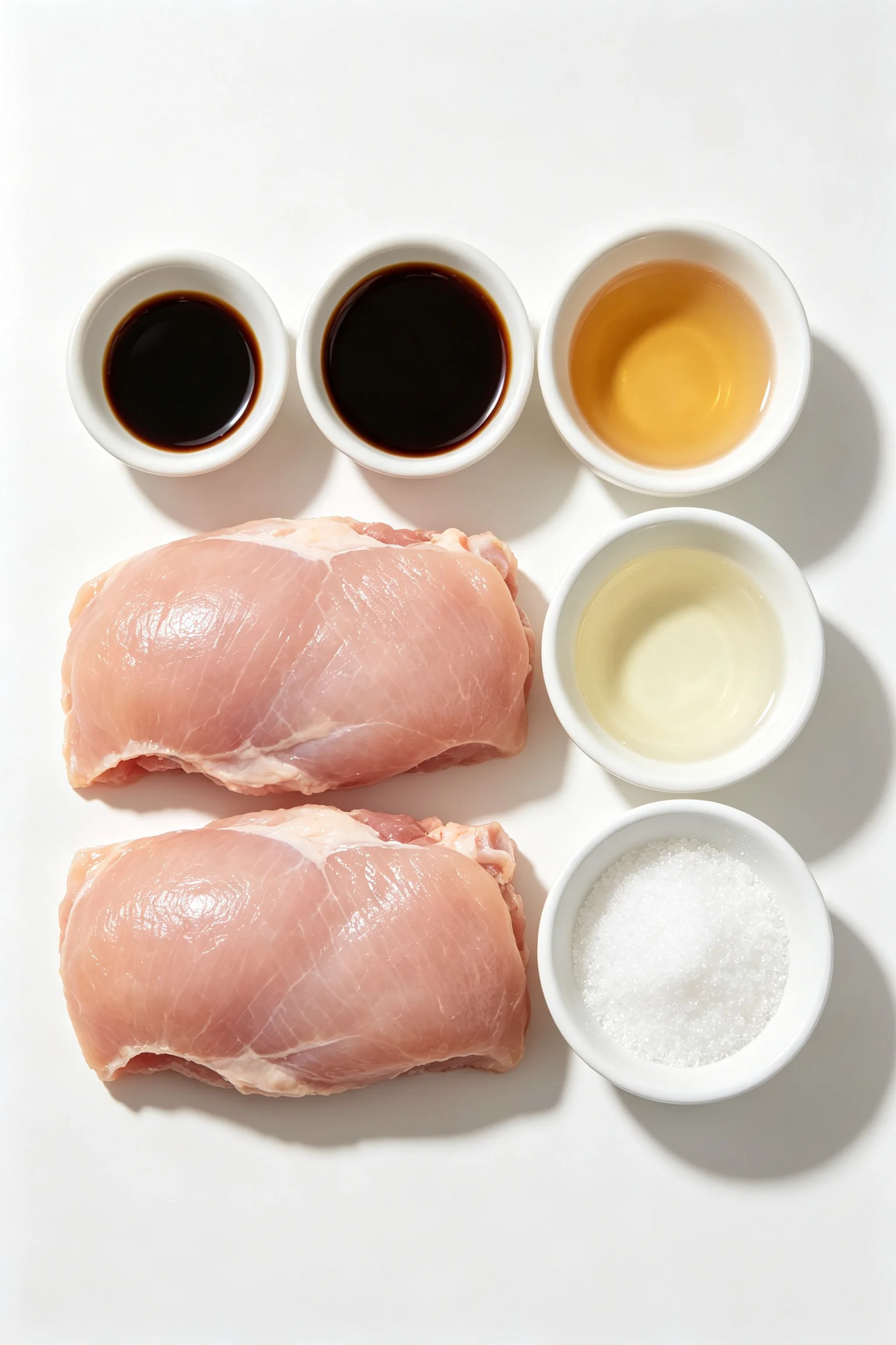Overhead flat lay of Japanese teriyaki chicken ingredients on white surface — two raw chicken thighs with soy sauce, hon-mirin, sake and sugar in white ceramic bowls