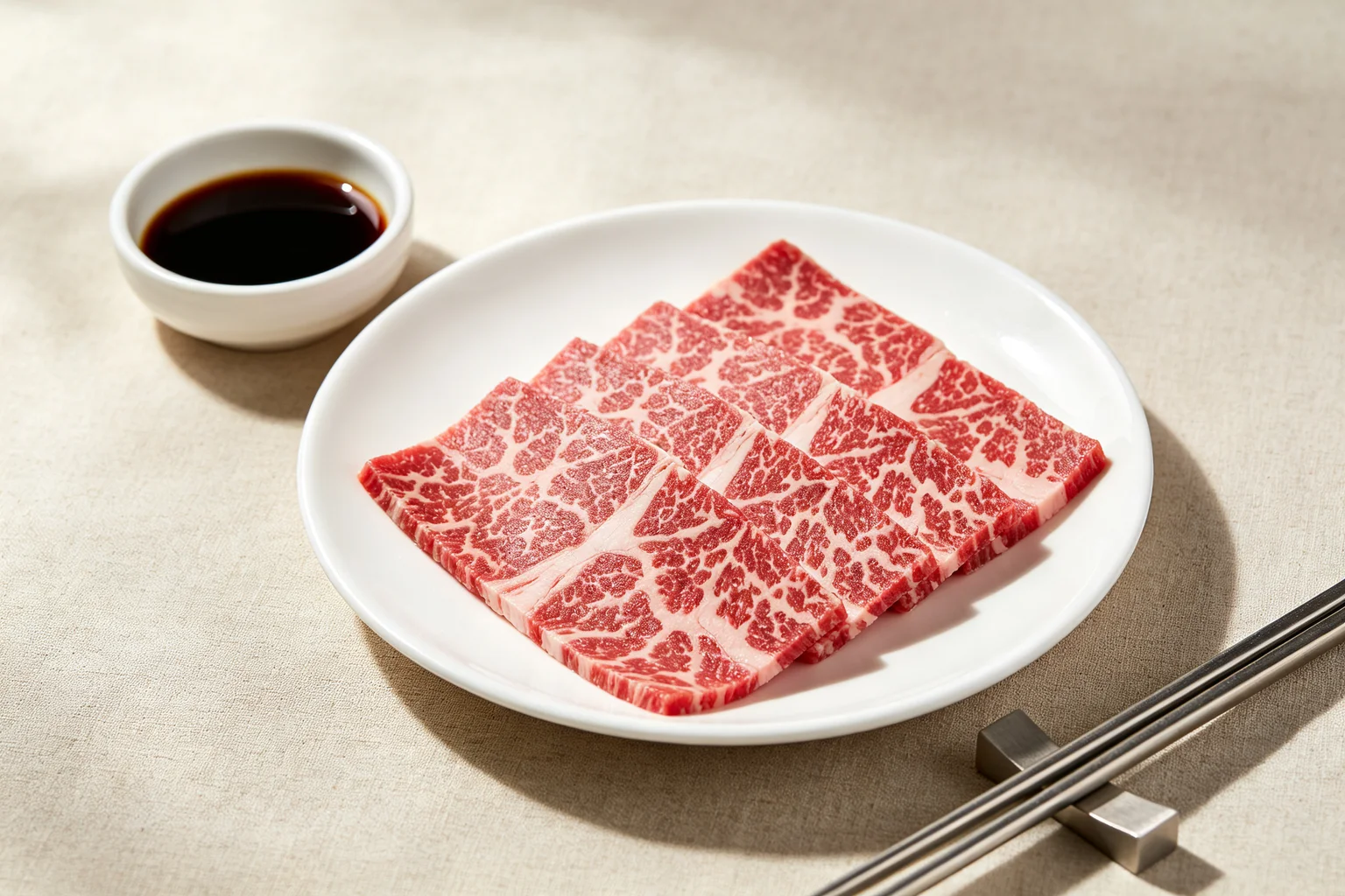 Thinly sliced Wagyu beef with visible intramuscular fat marbling on a white ceramic plate beside dark tare dipping sauce on linen surface
