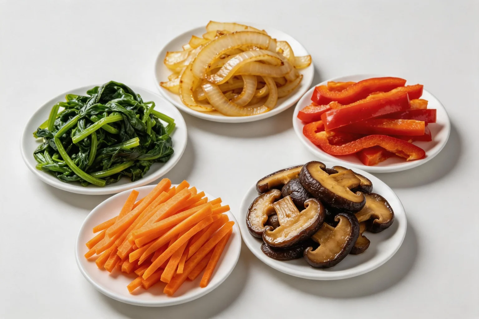 Five japchae vegetables cooked separately and presented in individual white ceramic plates showing spinach, onion, bell pepper, carrot, and shiitake mushrooms