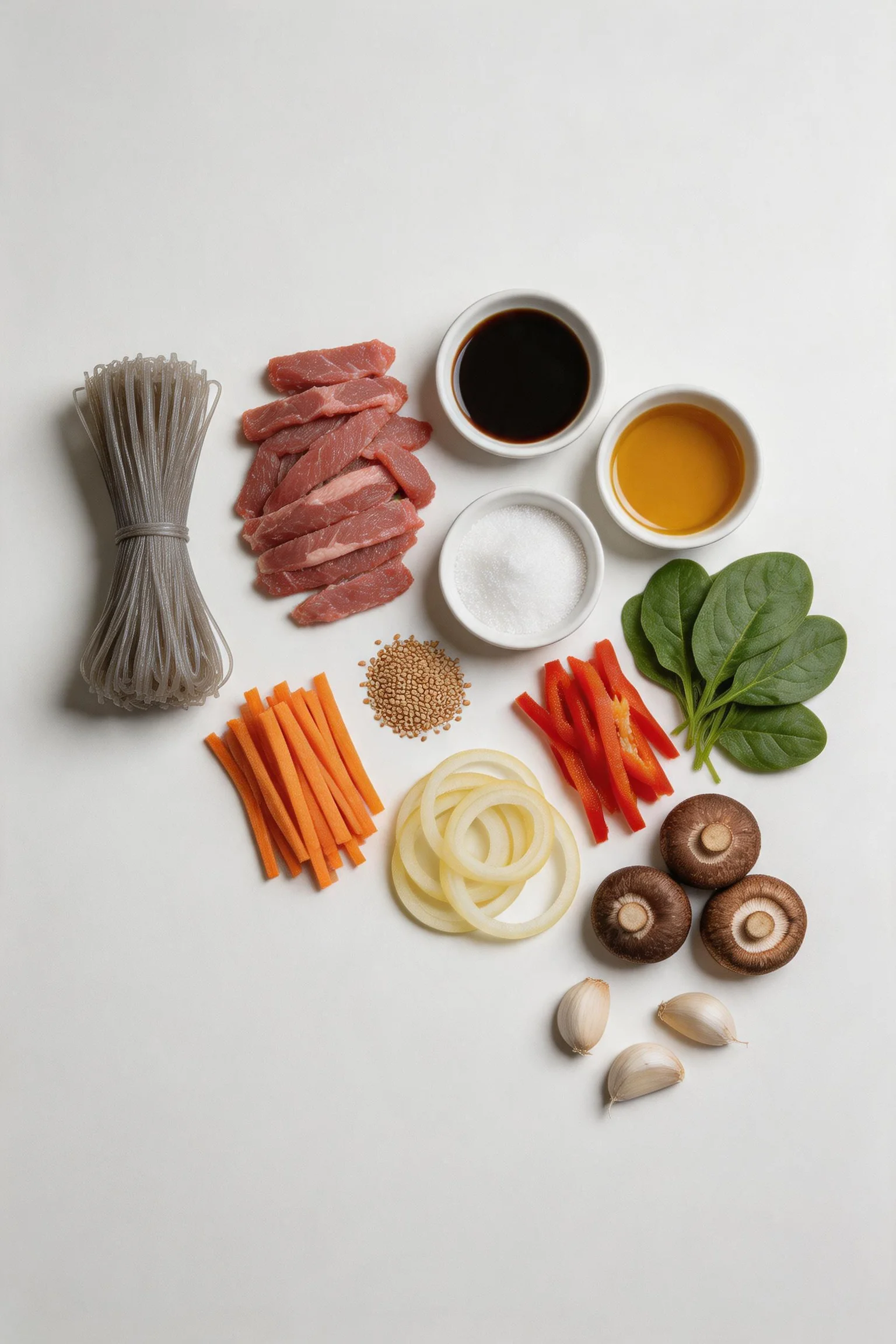 All raw japchae ingredients laid out overhead including dangmyeon glass noodles, sliced beef, julienned carrot, spinach, shiitake mushrooms, bell pepper, onion, garlic, soy sauce, sesame oil, sugar, and sesame seeds on a clean white surface
