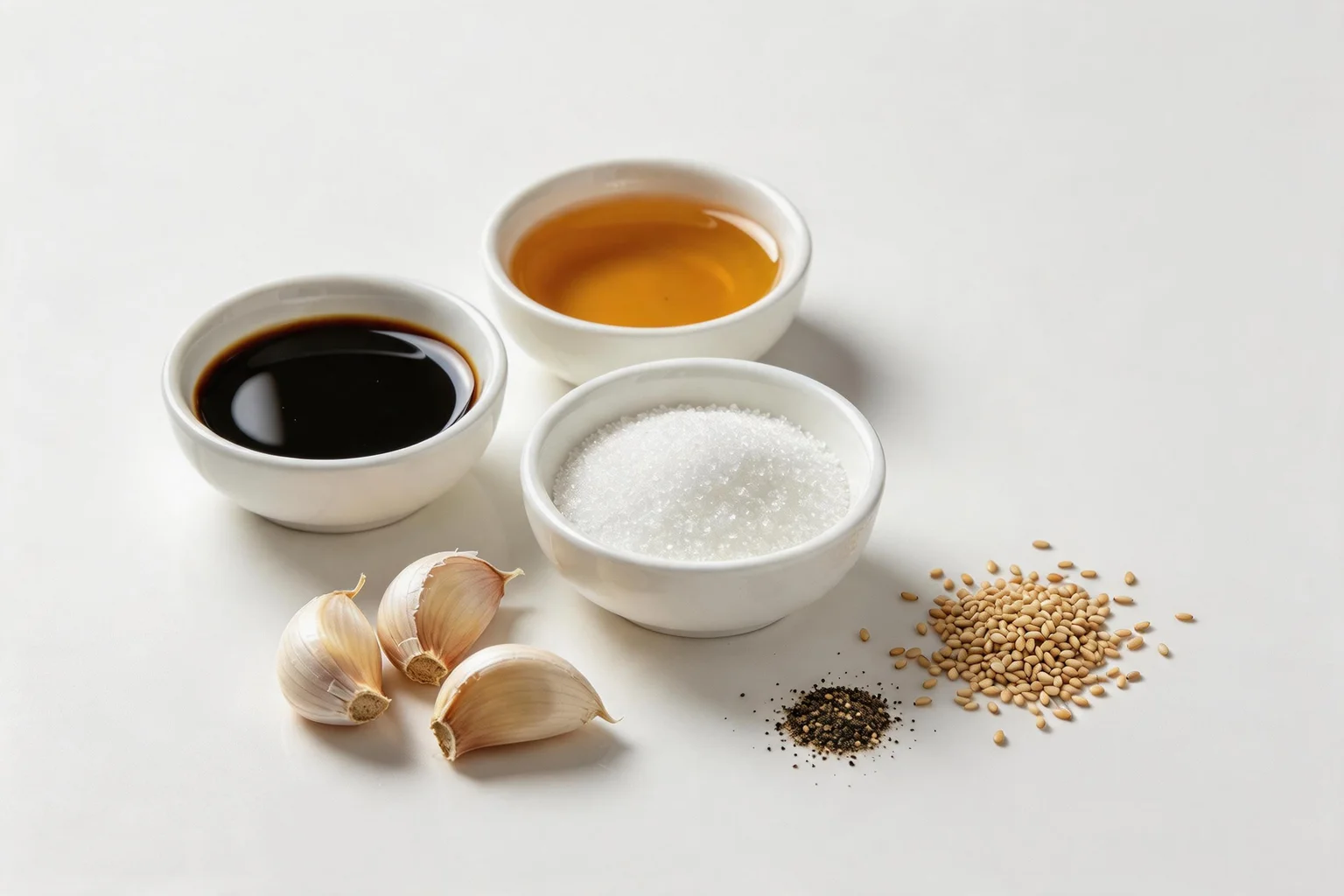  Japchae sauce ingredients overhead including soy sauce, sesame oil, sugar, garlic, black pepper, and sesame seeds on a clean white surface
