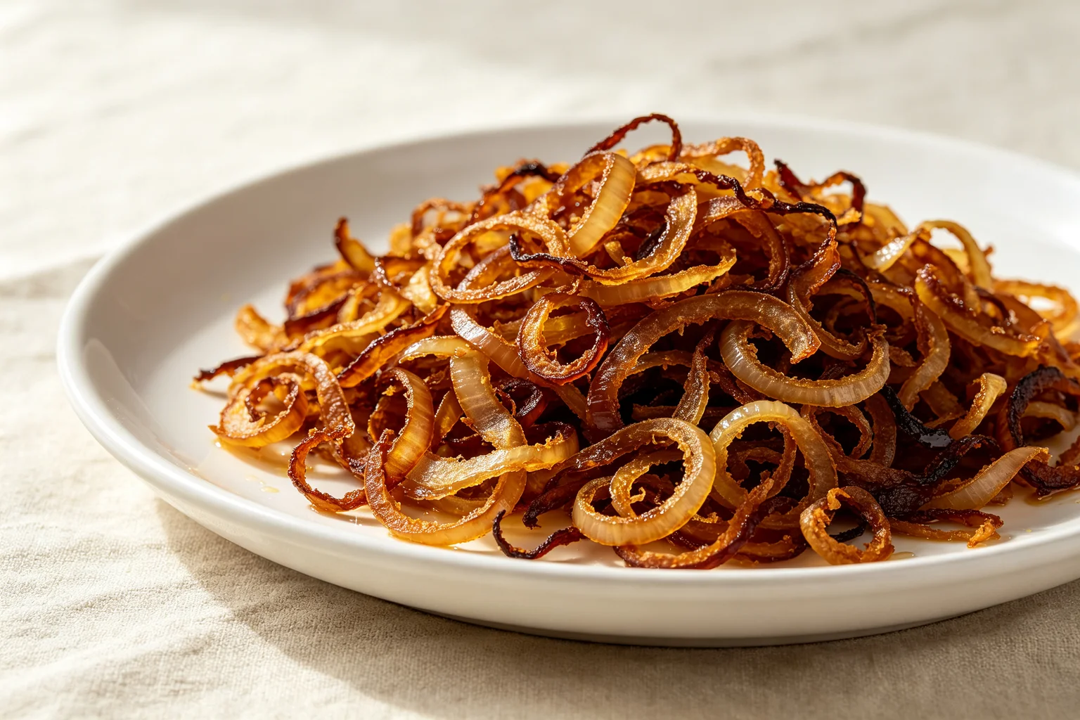 Deep golden-brown crispy beresta fried onion slices piled  in a wide pan on linen showing full caramelisation