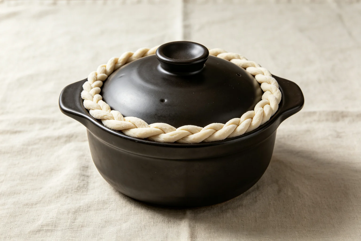 Heavy pot with pale flour dough rope pressed completely  around the rim creating an airtight seal for dum cooking on linen