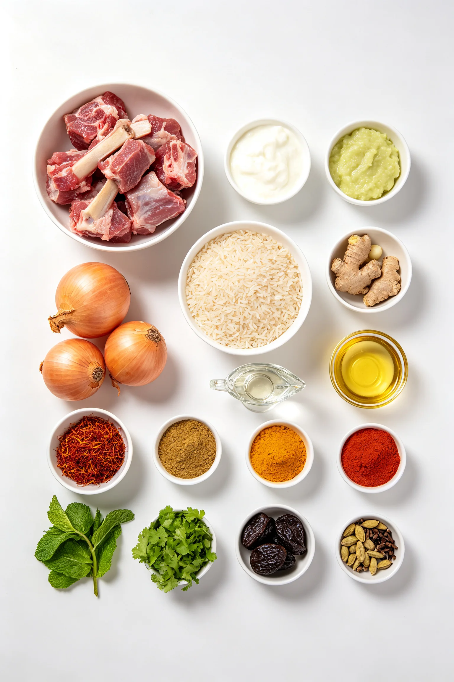 Kacchi biryani ingredients flat lay showing mutton, yogurt,  green papaya paste, basmati rice, onions, saffron, ghee, spices,  mint, coriander and aloo bukhara on white surface