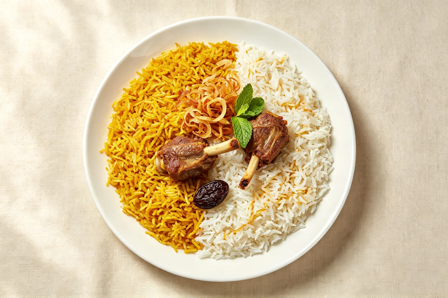 Overhead view of kacchi biryani on a white plate showing two-tone saffron gold and white basmati rice with bone-in meat, crispy beresta, aloo bukhara and mint on linen
