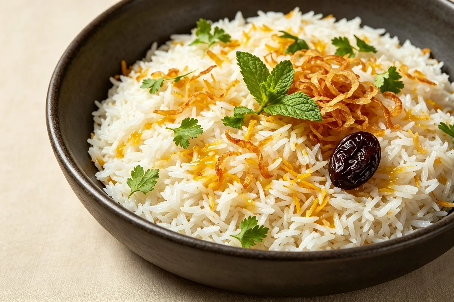 Close-up of kacchi biryani rice showing white and saffron gold basmati grains with crispy beresta, mint, coriander and aloo bukhara in a dark bowl on linen