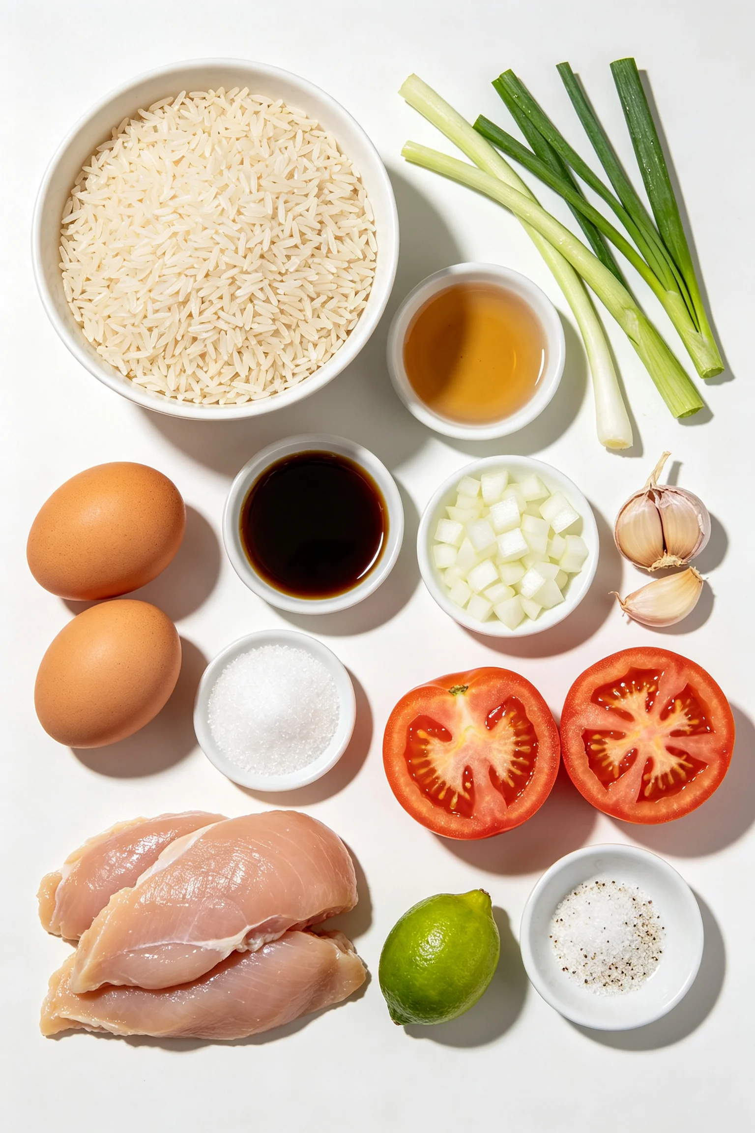 Thai fried rice ingredients including jasmine rice, eggs, fish sauce, oyster sauce, garlic, tomato, and green onions on white surface