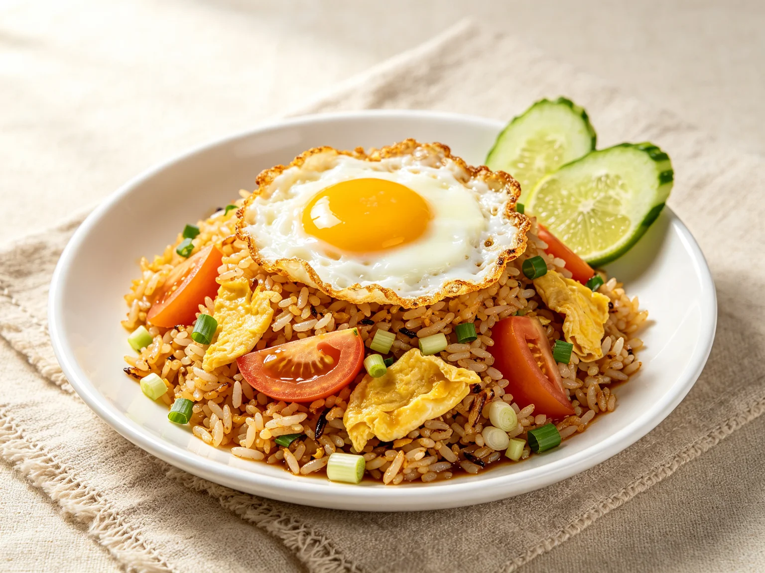 Authentic Thai fried rice (Khao Pad) on a white ceramic plate topped with a fried egg, served with lime wedge and cucumber slices