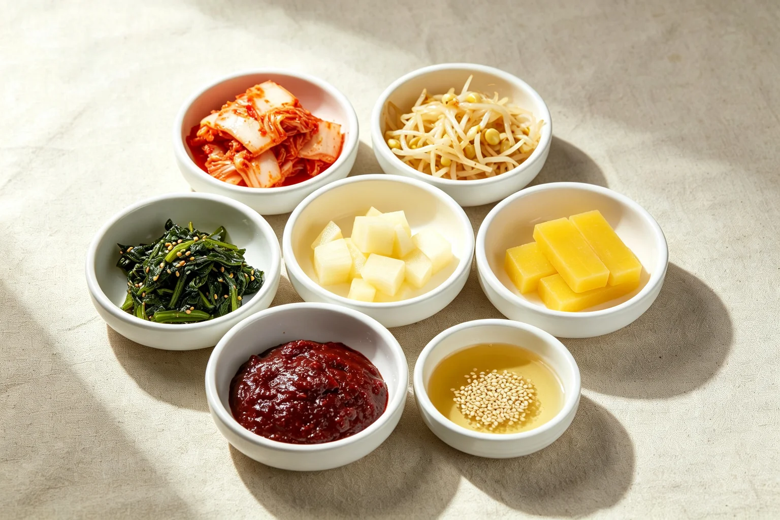Korean BBQ banchan spread of small white ceramic bowls including kimchi seasoned spinach soybean sprouts pickled radish ssamjang and sesame oil on linen surface