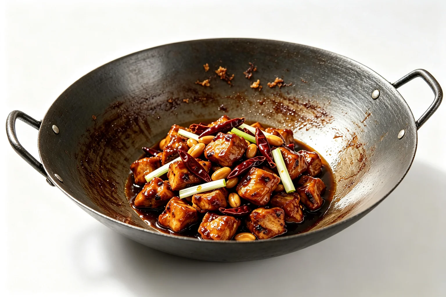Kung pao chicken with dark glossy sauce, peanuts, dried chillies and scallion in a carbon steel wok just finished cooking